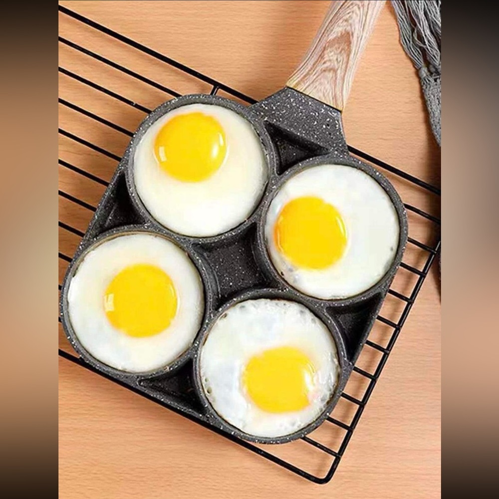 1pc Fry Pan For Egg, Non Stick Ham Pancake Maker w/ Wooden Handle, 4 holes